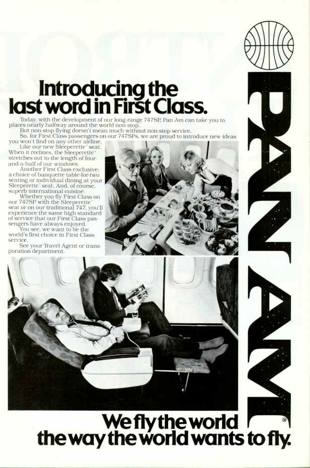 1979 An ad promoting Pan Am's First Class Sleeperette seats.